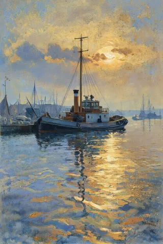 A realistic painting of a tugboat moored in a harbor at sunset, with its reflection shimmering on calm waters under a warm sky.