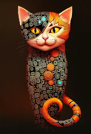 A cat with a body covered in ornate abstract geometric patterns inspired by Klimt, featuring orange, black, and turquoise shapes on a dark background.