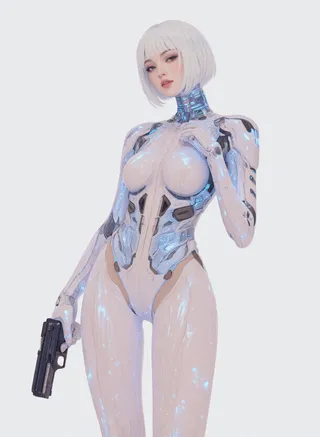 Full body illustration of a white-haired cyborg woman wearing a transparent cyberpunk suit with mecha and LED inserts, holding a gun and smiling with a natural expression.