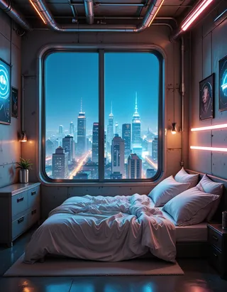 Futuristic bedroom with messy bed and large panoramic window overlooking a neon-lit cyberpunk city skyline at night, featuring industrial design and glowing ambient lights.