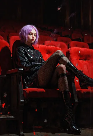 A Japanese woman with short lavender hair sitting in a red velvet theater seat, wearing black patterned tights and black boots, styled with cinematic noir lighting.