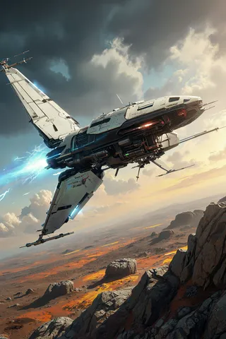 A futuristic white and black spaceship with wide wings emitting blue light flying over a rocky, orange-hued landscape under a dramatic cloudy sky with sunlight.