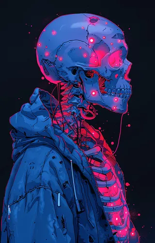 Detailed neon-lit digital illustration of a blue skeleton wearing a blue jacket with glowing red spots on a dark background