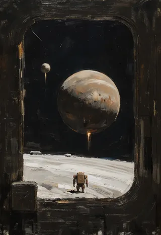 Digital painting showing a spaceport launchpad on Saturn’s surface viewed through a porthole, featuring a cuboid robot and distant spacecraft with Saturn’s rings in the background.