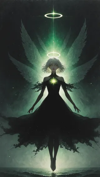 A detailed digital artwork of an angelic figure with white curly hair, yellow eyes, wearing a black dress, floating with glowing green wings and a white halo above her head.