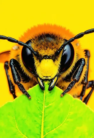 Close-up macro photograph of a honeybee's face and thorax with detailed black eyes and antennae, gripping a bright green leaf against a vibrant yellow background.