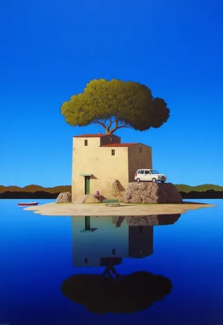 Small rocky island with a light beige house topped by a large tree, surrounded by calm deep blue water reflecting the scene, featuring a white car on the right and a small boat on the left.