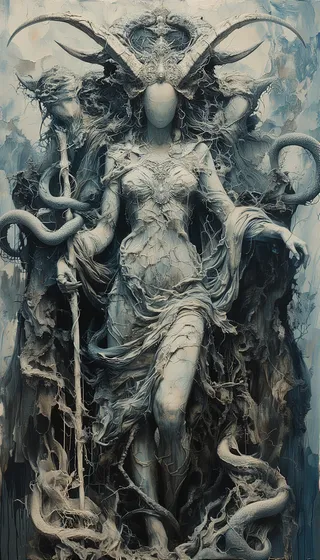 A faceless eldritch figure embodying feminine power, sculpted from marble veined with blood-like vines, crowned with ivory horns, holding a serpentine scepter, seated on a throne of thorns with surreal fantasy elements.