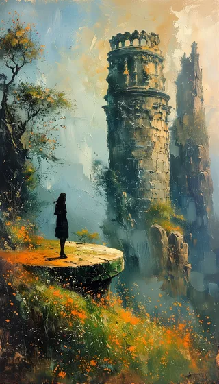 An impressionist landscape painting featuring a silhouette of a woman standing on a moss-covered circular stone platform, gazing at an ancient towering stone tower surrounded by wildflowers, trees, and misty atmosphere with expressive brushstrokes.