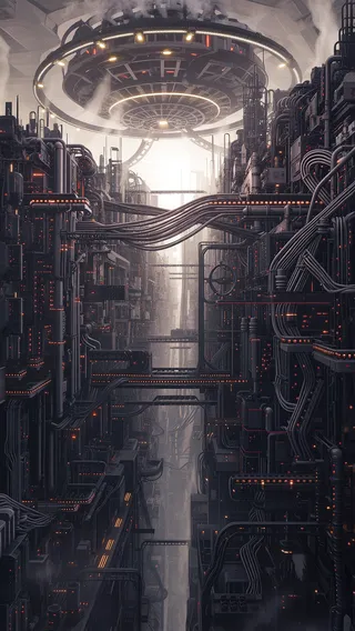 A hyper-detailed cyberpunk dystopian cityscape showing exposed and inverted infrastructure with pipes and server racks along canyon-like walls beneath a huge spinning gear sun.
