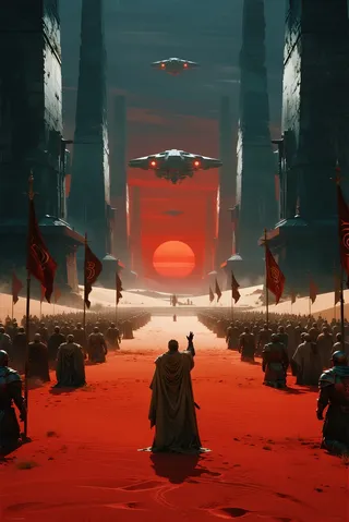 A vast desert corridor framed by monumental alien architecture with thousands of bronze-armored soldiers kneeling beneath a glowing blood sun, a cloaked priest-warrior in the foreground with raised arms, and starships rising in the background.