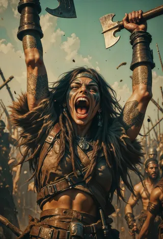 A fierce battle-ready warrior woman with tribal tattoos and war paint, raising a double-headed axe above her head in a chaotic battle scene.