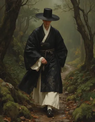 A Korean man dressed in traditional Joseon Dynasty black silk Dopo and a black Gat walks along a moist mountain path under a cloudy midday sky, painted in the style of an oil painting.