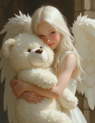 A soft digital painting of a pale teen angel with large white wings, hugging a large fluffy teddy bear inside a medieval church, illuminated by warm light.