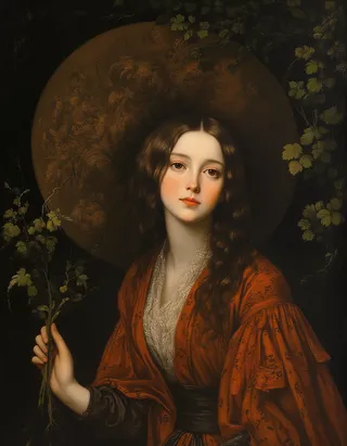 Oil painting of a young girl dressed in a richly detailed red garment holding a branch with leaves, set against a dark background with an illuminated circular pattern, painted in a Rembrandt-inspired folk art style.