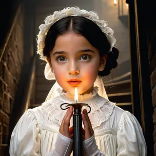 Spanish 8-year-old girl with black straight hair wearing a 19th century Victorian white dress holding a small candle, standing at the entrance to a dark basement stairway.