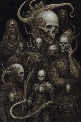 A dark, surreal fantasy scene featuring strange skeletal and monstrous creatures with intricate details and skull motifs.