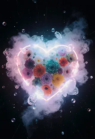 Glowing heart-shaped holographic display filled with colorful flowers surrounded by mist, crystal formations, and glass beads against a neon-lit dark background