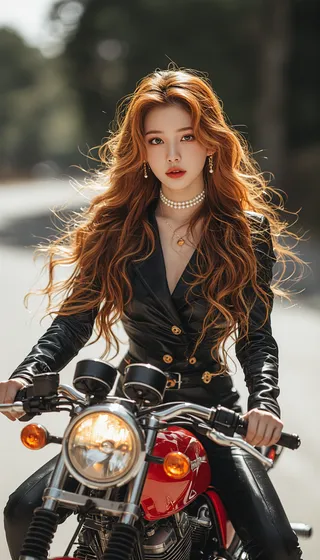 Portrait of a Korean woman with long orange hair wearing a black leather jacket, sitting on a red vintage motorcycle with a blurred outdoor background.