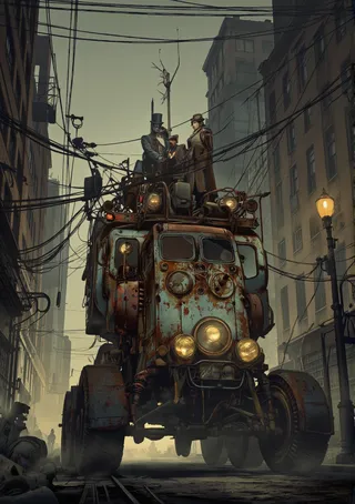 Digital illustration of a large rusted futuristic vehicle with glowing headlights in a dim post-apocalyptic city street at night, featuring figures in steampunk attire atop it.