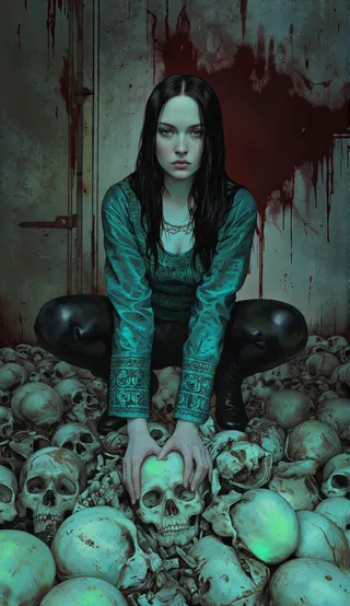 A young woman with pale skin and long black hair crouches over a pile of skulls emitting green light in a dim, grungy room with bloodstained walls.