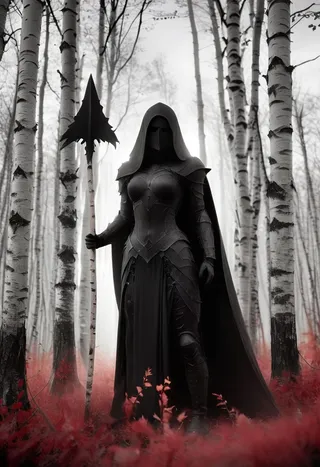 A mushroom woman clad in black armor and a hooded cloak stands in a birch forest with stark black and white bark. She holds a black spear and is surrounded by red foliage beneath the trees.