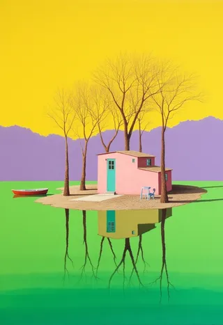 Surreal digital painting of a pastel pink house with teal door on a tiny island surrounded by an emerald green lake, with bare trees and a crimson wooden boat under a golden-orange sky.