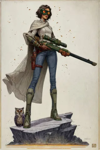 Full-body retro-sci-fi huntress standing on a cracked rock plinth holding an ornate green-brass sniper rifle, wearing white cloak, green visor goggles, fitted jeans, and tall boots, with an owl companion at her boot and brass casings drifting around.