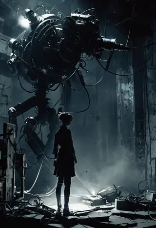 Silhouetted young female standing in a dark, mechanical and organic liminal space with strong light and dark contrast, evoking a surreal atmosphere.