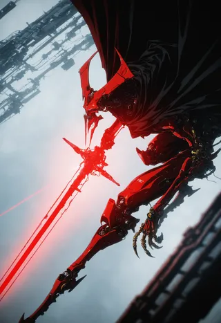 A biomechanical cyborg inspired by General Grievous from Star Wars wields a glowing red lightsaber, clad in a black cloak with a futuristic headpiece in a dynamic, horror-themed sci-fi setting.