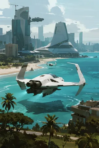 A white delta-winged spacecraft flying over turquoise coastal waters towards a futuristic city with avant-garde skyscrapers and aerial transports under a bright, sunny sky.