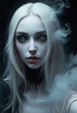 Portrait of a mysterious sorceress with pale porcelain skin, flowing white hair transforming into smoke, luminous detailed blue eyes, and gothic elegant attire surrounded by a dark magical aura.