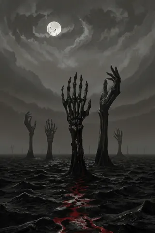 A vast dark fantasy dreamscape with giant skeletal hands rising from a black ink sea under a night sky featuring two moons, one cracked and bleeding light, with crimson splashes on water.