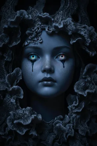 Macro close-up of an ancient porcelain doll's face surrounded by blackened silver filigree with swirling galaxy eyes and flowing liquid obsidian tears under eerie, bioluminescent light.