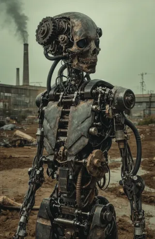 A rusted mechanical humanoid skeleton with exposed gears and wires stands in a desolate post-apocalyptic industrial landscape with smokestacks emitting dark smoke under a greenish sky.