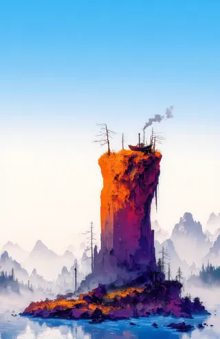 A towering rocky cliff brightly colored with vibrant orange, red, and purple hues, topped by a small dark steampunk-style ship emitting smoke. Sparse twisted trees grow on the cliff with misty fog at the base, surrounded by reflective water and distant forested mountains under a soft gradient blue-white sky.