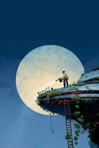 A colossal monolithic starship covered in vines and plants being watered by a square-jawed botanist standing on a ladder under a large full moon in a misty valley at dawn.