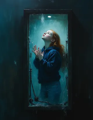 A surreal oil painting of a teen girl with long red hair, wearing a dark blue sweatshirt and jeans, trapped inside a transparent coffin connected to oxygen tubes, illuminated by dim lighting in a dark, isolated space, painted in a style inspired by Rembrandt.