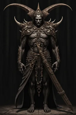 A dark fantasy armored warrior with demonic horns, intricate ornate armor and weapon, muscular figure, standing on a stone floor against a dark background