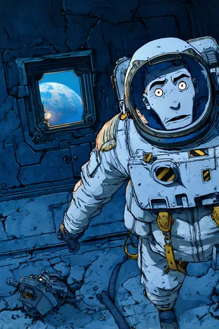 Illustration of a novice astronaut in a space suit tethered and floating near an orbital exterior with Earth visible through a window, detailed with chunky inks and cross-hatching.