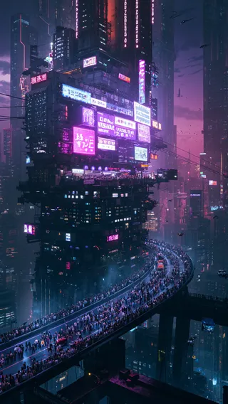 Cyberpunk architecture with a massive elevated boardwalk crowded with people, illuminated by neon and holographic signs against a twilight cityscape.