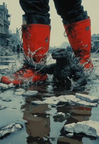 Close-up hyperdetailed image of a small angry mini Godzilla splashing water next to red rubber boots in a puddle on stone pavement with a foggy background.
