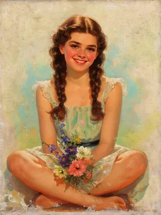 Vintage oil painting of a brunette girl with long braided hair, sitting cross-legged wearing a sundress, holding a colorful bouquet of flowers and smiling at the viewer.