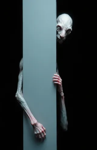 A surreal creature with elongated sinewy limbs and wrinkled pale blue-gray and pink skin peeks from behind a vertical structure in a dark, shadowy environment.