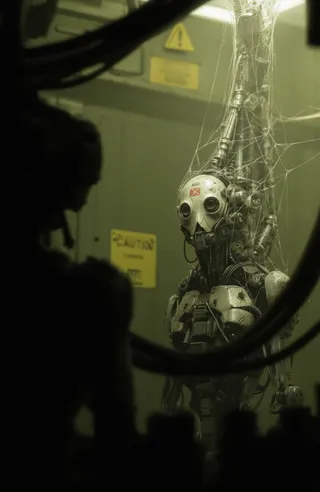 A humanoid robot with a skeletal face and large round eyes is entangled in web-like cables and surrounded by mechanical parts, dimly lit by greenish-yellow light with a CAUTION sign in the background.