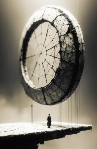 A sepia-toned monochromatic image featuring a large cracked circular structure with web-like patterns suspended above a narrow platform where a small solitary figure stands, highlighting scale and fragility.