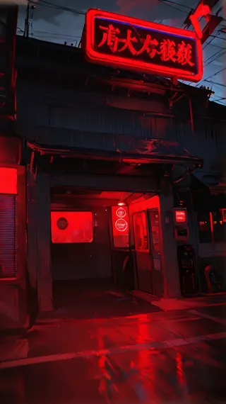 A wide exterior view of a large roadside gas station at night illuminated by intense red neon lights, featuring a clean empty parking lot, working gas pumps, and a connected café with a neon sign.