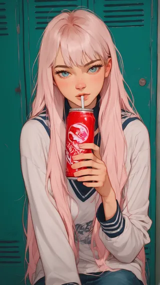 Teenage girl with long pink hair and blue eyes sipping from a red soda can in front of a teal school locker.
