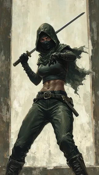 A fierce female ninja in dark green hooded cloak and mask, holding a katana in a dynamic low-angle stance with a determined gaze.