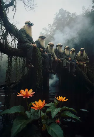 A group of elderly travelers with long white hair and vintage goggles sitting on an ancient tree branch enveloped by fog and smoke-emitting vines, overlooking vibrant orange flowers blooming around a dark river.